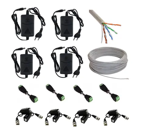 Pachet accesorii montaj 4 camere supraveghere Full HD 2MP, cu videobalun, cablu UTP cat5e și surse 12V/2A