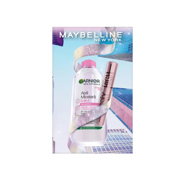 Pachet Apa micelara Skin Naturals 400ml, Garnier + Mascara Lash Sensational Sky High Black, 7.2ml, Maybelline