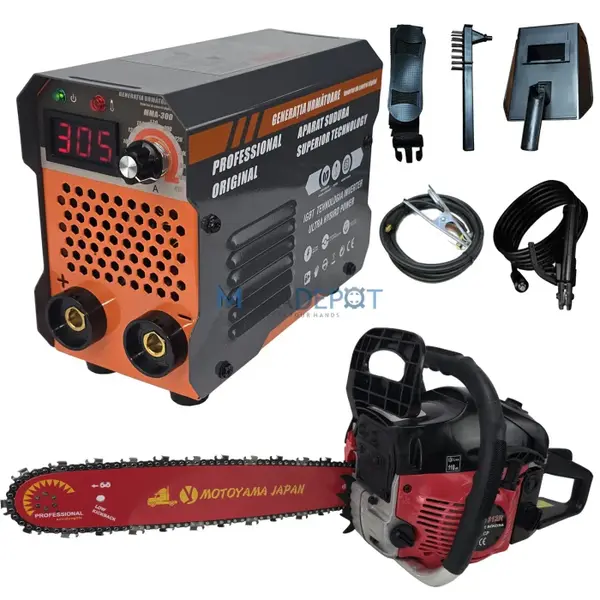 Pachet Aparat de sudura Ural MMA 300 + Motofierastrau Campion Motoyama 6500, 8.5CP, Afisaj Digital, Cablu sudura 3 metri , lama 40cm