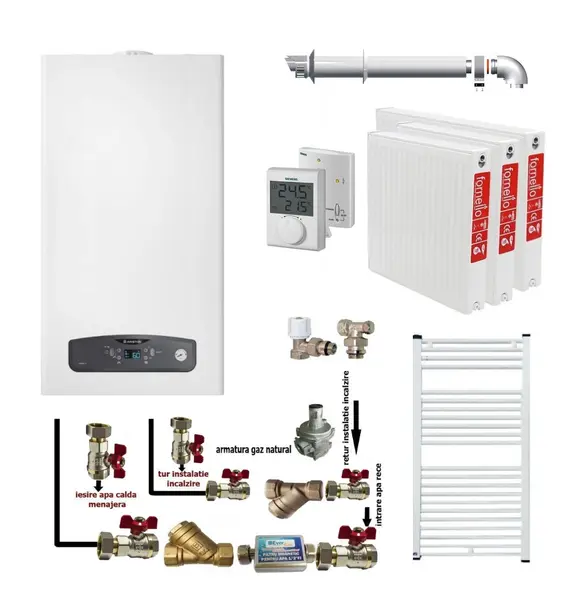 Pachet apartament cu 2 camere, centrala termica in condensatie Ariston Cares S 24 kW, kit evacuare inclus, termostat, calorifere otel, kit armaturi centrala, robineti calorifer