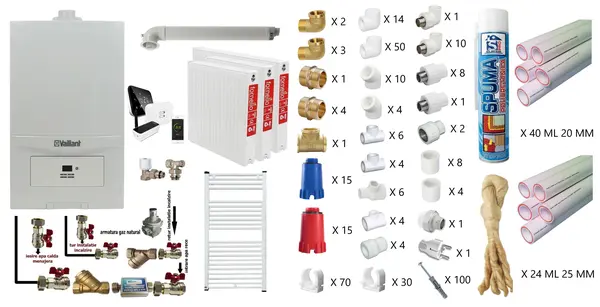 Pachet apartament cu 2 camere, Centrala termica in condensatie Vaillant ecoTEC Pure VUW 236/7-2, 23 kw, kit de evacuare, calorifere otel, termostat Salus IT 500, teava PPR si fitinguri montaj