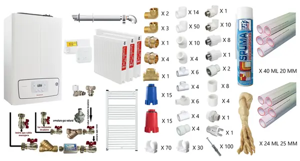 Pachet apartament cu 2 camere, centrala termica murala in condensare Immergas Victrix TERA 24/28 V3, Gaz, 24 kW, termostat, kit de evacuare inclus, calorifere otel, teava PPR si fitinguri, kit armaturi