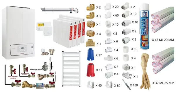 Pachet apartament cu 3 camere, centrala termica murala in condensare Immergas Victrix TERA 24/28 V3, Gaz, termostat, kit de evacuare inclus, calorifere otel, teava PPR si fitinguri, kit armaturi