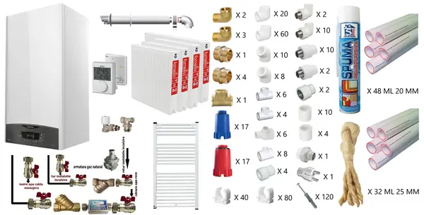Pachet apartament cu 3 camere, centrala termica murala in condensare Ariston CLAS ONE+ WI-FI 24, Gaz, termostat, 24 kW, Doua schimbatoare de caldura, Display digital, schimbator primar inox, kit de evacuare inclus, calorifere otel, teava PPR si fitin