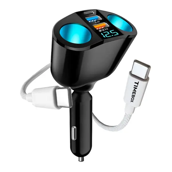 Pachet Auto Timebox, Type-C la USB-C, 120W, 1m, cu 2x soclu auto, 2 x USB, Alb - Default Title