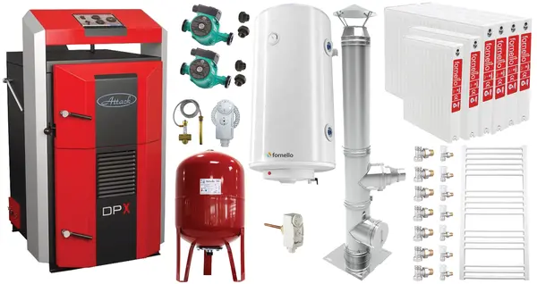 Pachet basic Cazan (centrala) pe combustibil solid, Attack DPX Standard cu gazeificare, 45 kW, calorifere otel, cos inox, boiler, vas expansiune, 2 pompe circulare, vana sts, termostat imersie si termostat contact
