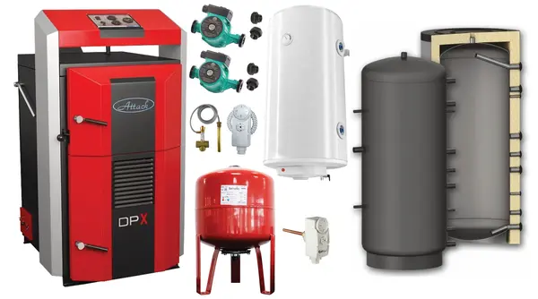 Pachet basic Cazan (centrala) pe combustibil solid, Attack DPX Standard cu gazeificare, 45 kW, Puffer 1000 litri, boiler, vas expansiune, 2 pompe circulare, vana sts, termostat imersie si termostat contact