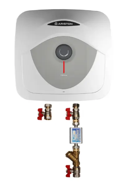 Pachet Boiler electric Ariston Andris RS 15 EU, 15 l, 1200 W, Led iluminat, Protectie electrica IPX1, Montare deasupra chiuvetei, Reglaj extern de temperatura, supapa siguranta si kit de montaj inclus