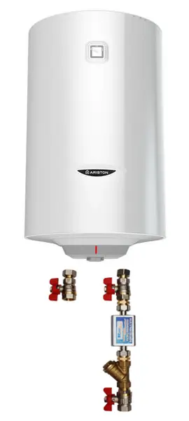 Pachet Boiler termoelectric Ariston PRO1 R 100 VTD 1.8K, 1800W, serpentina pe partea dreapta, supapa siguranta si kit de montaj inclus