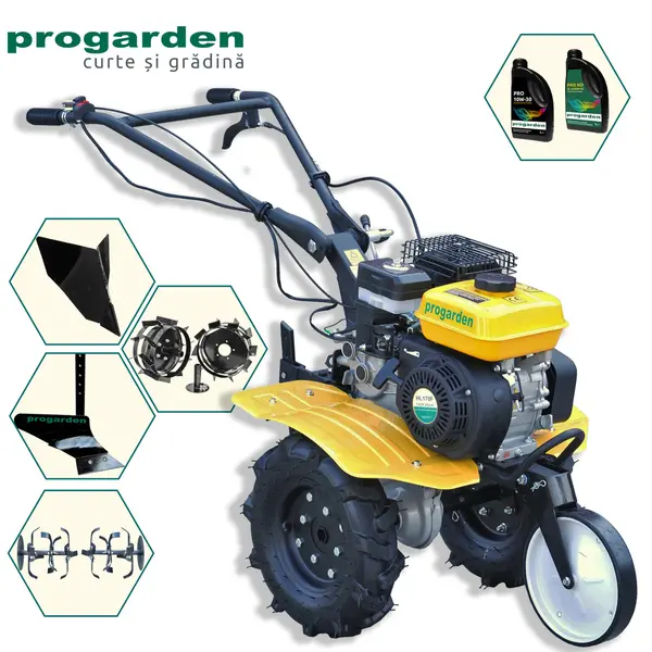 Pachet Campo 703 Motocultor 7CP+ Plug simplu + Plug bilonat/rarita + 2 roti metalice 350x6 + 2L Ulei, PROGARDEN