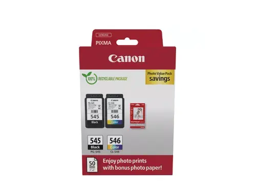 Pachet cartus cerneala Canon Photo Value Pack 8287B008AA, PG-545 Negru, CL-546 Color + 50 Coli foto 10x15 cm