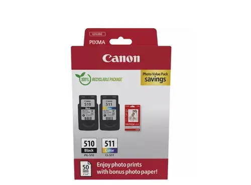 Pachet cartuse cerneala Canon Photo Value Pack 2970B017AA, PG-510 Negru, CL-511 Color + 50 Coli foto 10x15 cm