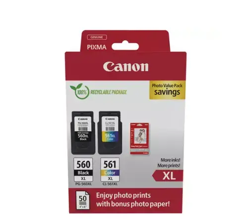 Pachet cartuse cerneala Canon Photo Value Pack 3712C008AA, PG-560XL Negru, CL-561XL Color + 50 Coli foto 10x15 cm