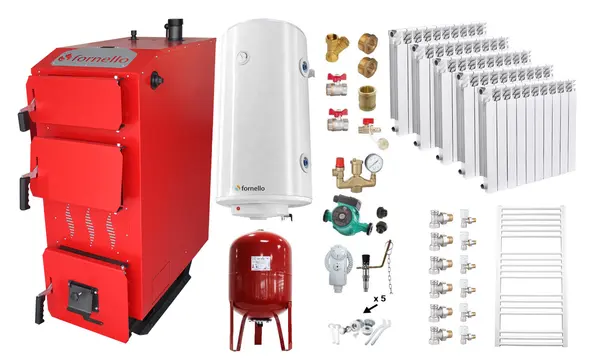 Pachet Cazan (centrala) pe combustibil solid, (lemn, carbune), Fornello Praktik 30 kW, Calorifere Aluminiu Fornello Alvo, Boiler, Vas Expansiune, Pompa, Fitinguri Montaj