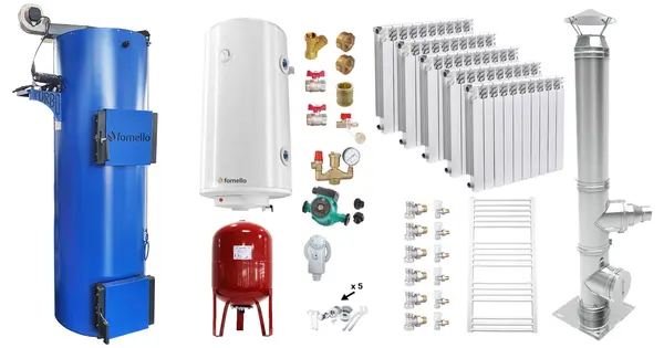 Pachet Cazan (centrala) pe combustibil solid tip lumanare Fornello Turbo 50 kW, Cos Inox, Calorifere Aluminiu Fornello Alvo, Boiler, Vas Expansiune, Pompa, Fitinguri Montaj