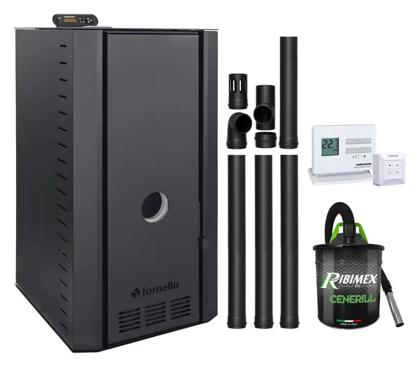 Pachet cazan pe peleti Fornello SERENA B, 25 kw, complet echipat cu pompa, vas expansiune, supapa siguranta, telecomanda, culoare Black, arzator fonta, termostat, aspirator, kit evacuare 3.5 ml, pana la 150 mp