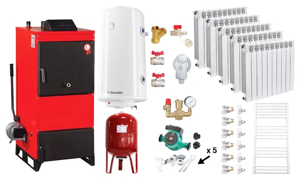 Pachet Centrala pe combustibil solid Fiama D2-25 Putere 29 kW, cu Ventilator si Automatizare, Calorifere aluminiu Fornello Alvo, Boiler Termoelectric, Pompa, Vas Expansiune si Fitinguri
