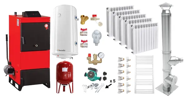 Pachet Centrala pe combustibil solid Fiama D2-25 Putere 29 kW, cu Ventilator si Automatizare, Cos inox, Calorifere aluminiu Fornello Alvo, Boiler Termoelectric, Pompa, Vas Expansiune si Fitinguri