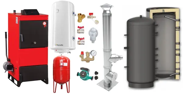 Pachet Centrala pe combustibil solid Fiama D2-60 Putere 70 kW, cu Ventilator si Automatizare, Puffer 1000 litri, Cos inox, Boiler Termoelectric, Pompa, Vas Expansiune si Fitinguri