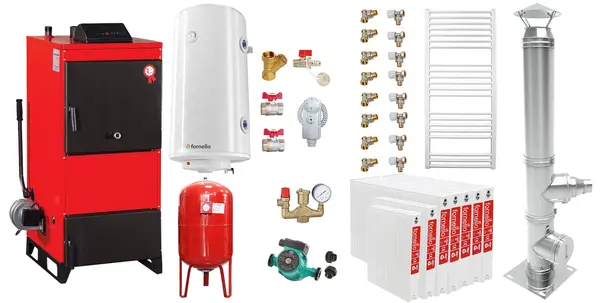Pachet Centrala pe combustibil solid Fiama D2-60 Putere 70 kW, cu Ventilator si Automatizare, Cos inox, Radiatoare Otel, Boiler Termoelectric, Pompa, Vas Expansiune si Fitinguri