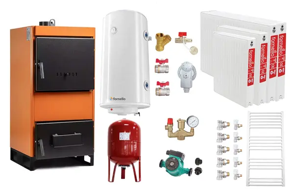 Pachet Centrala pe combustibil solid Fiama W 25 kW, Radiatoare Otel, Boiler Termoelectric, Vas Expansune, Pompa si Fitinguri Montaj