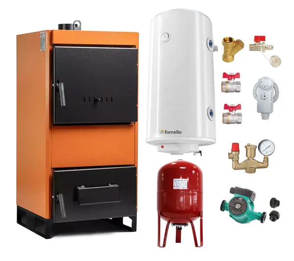 Pachet Centrala pe combustibil solid Fiama W 35 kW, Boiler Termoelectric, Vas Expansune, Pompa si Fitinguri Montaj