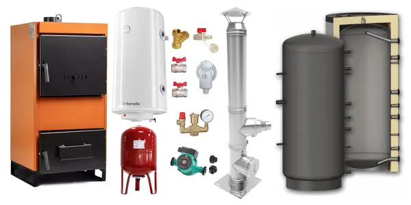 Pachet Centrala pe combustibil solid Fiama W 35 kW, Puffer 1000 litri, Cos inox, Boiler Termoelectric, Vas Expansune, Pompa si Fitinguri Montaj