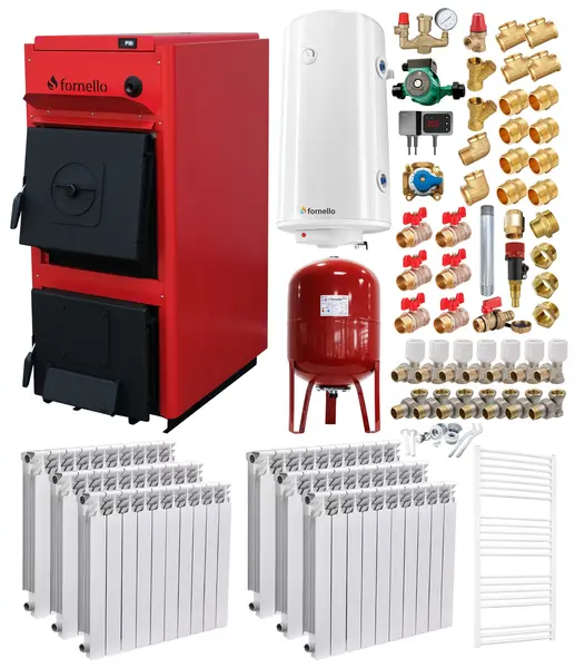 Pachet centrala pe combustibil solid Fornello T-PRO 25 kW, calorifere aluminiu, boiler, vas expansiune, fitinguri si accesorii de baza