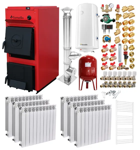 Pachet centrala pe combustibil solid Fornello T-PRO 25 kW, cos Inox, calorifere aluminiu, boiler, vas expansiune, fitinguri si accesorii de baza