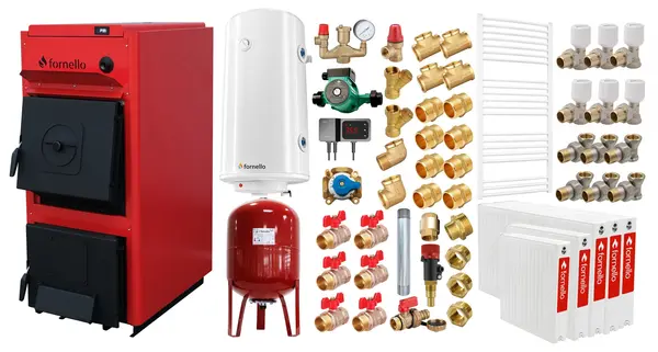 Pachet centrala pe combustibil solid Fornello T-PRO 25 kW, radiatoare otel, boiler, vas expansiune, fitinguri si accesorii de baza