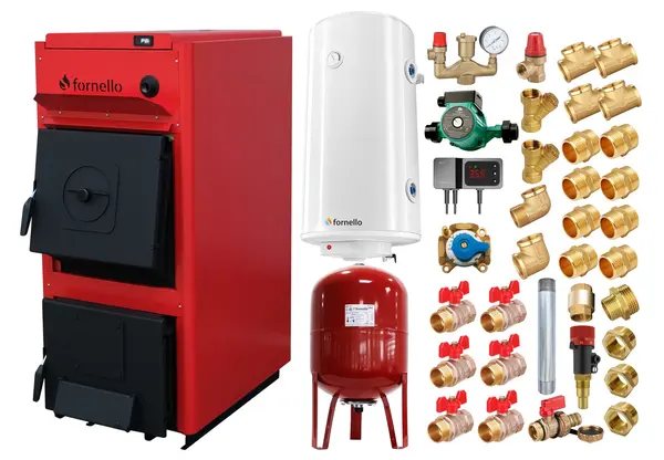 Pachet centrala pe combustibil solid Fornello T-PRO 35 kW, boiler, vas expansiune, fitinguri si accesorii de baza