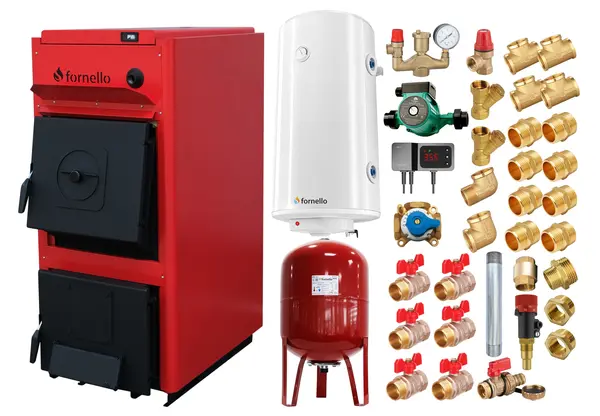 Pachet centrala pe combustibil solid Fornello T-PRO 40 kW, boiler, vas expansiune, fitinguri si accesorii de baza