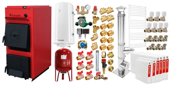 Pachet centrala pe combustibil solid Fornello T-PRO 40 kW, cos inox, radiatoare otel, boiler, vas expansiune, fitinguri si accesorii de baza