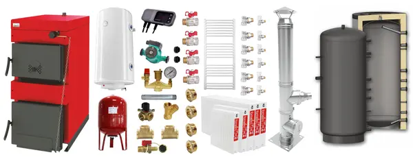 Pachet Centrala pe combustibil solid Sunsystem Burnit NWB 25 kW, puffer, cos inox, calorifere, boiler termoelectric, vas expansiune, pompa circulare, controller pompa, fitinguri montaj
