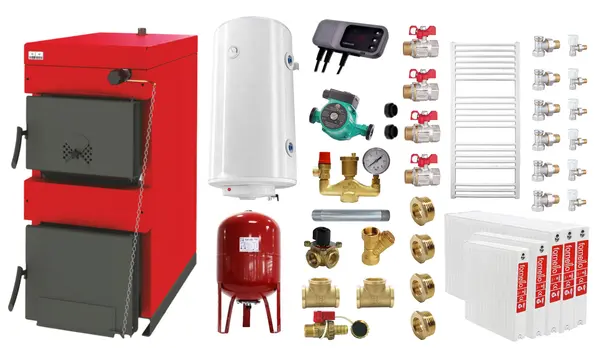 Pachet Centrala pe combustibil solid Sunsystem Burnit NWB 25 kW, calorifere, boiler termoelectric, vas expansiune, pompa circulare, controller pompa, fitinguri montaj