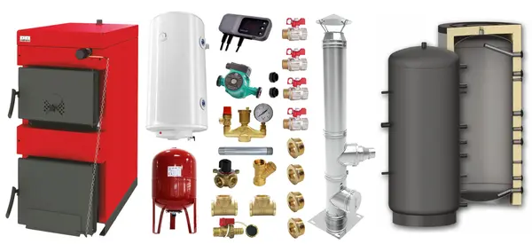 Pachet Centrala pe combustibil solid Sunsystem Burnit NWB 25 kW, cos inox, puffer, boiler termoelectric, vas expansiune, pompa circulare, controller pompa, fitinguri montaj
