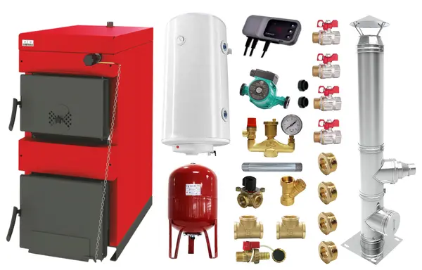 Pachet Centrala pe combustibil solid ​Sunsystem Burnit NWB 30 kW, cos inox, boiler termoelectric, vas expansiune, pompa circulare, controller pompa, fitinguri montaj