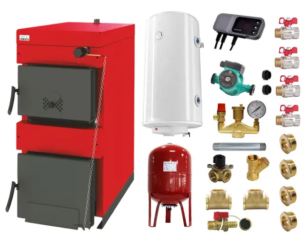 Pachet Centrala pe combustibil solid Sunsystem Burnit NWB 35 kW, boiler termoelectric, vas expansiune, pompa circulare, controller pompa, fitinguri montaj
