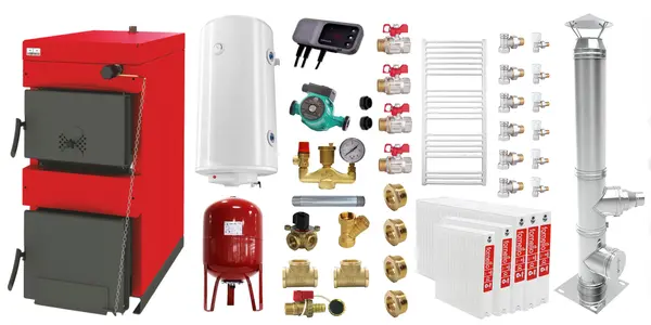 Pachet Centrala pe combustibil solid Sunsystem Burnit NWB 45 kW, cos inox, calorifere, boiler termoelectric, vas expansiune, pompa circulare, controller pompa, fitinguri montaj