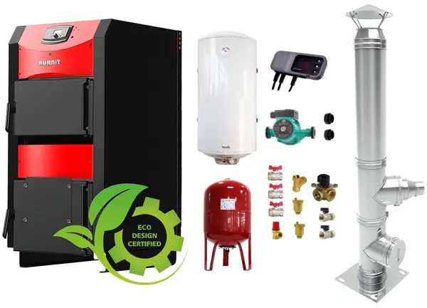 Pachet Centrala pe combustibil solid Sunsystem Burnit NWB PRIME 30 kW, cos inox, boiler termoelectric, vas expansiune, pompa circulare, controller pompa, fitinguri montaj