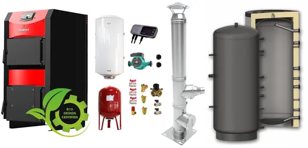 Pachet Centrala pe combustibil solid Sunsystem Burnit NWB PRIME 50 kW, puffer, cos inox, boiler termoelectric, vas expansiune, pompa circulare, controller pompa, fitinguri montaj