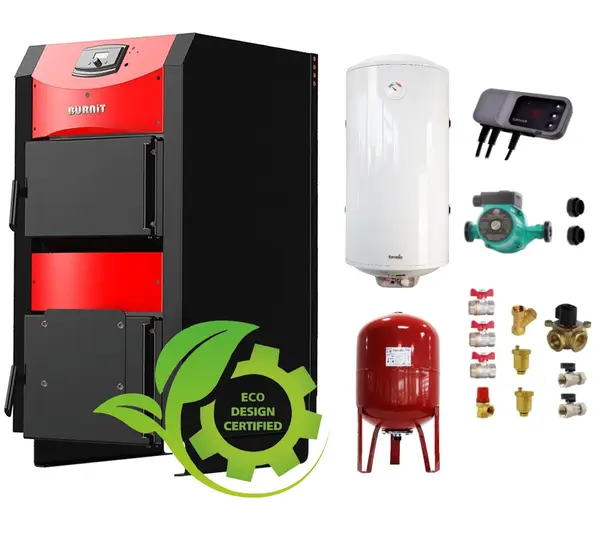 Pachet Centrala pe combustibil solid Sunsystem Burnit NWB PRIME 50 kW, boiler termoelectric, vas expansiune, pompa circulare, controller pompa, fitinguri montaj
