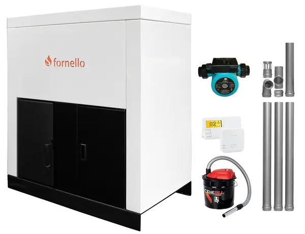 Pachet Centrala pe peleti Fornello Eco Energy 35 kW, echipata cu automatizare, afisaj digital, arzator fonta, curatare mecania a drumurilor de fum, buncar peleti integrat 75 kg, kit evacuare 3.5 ml, termostat ambient si aspirator cenusa