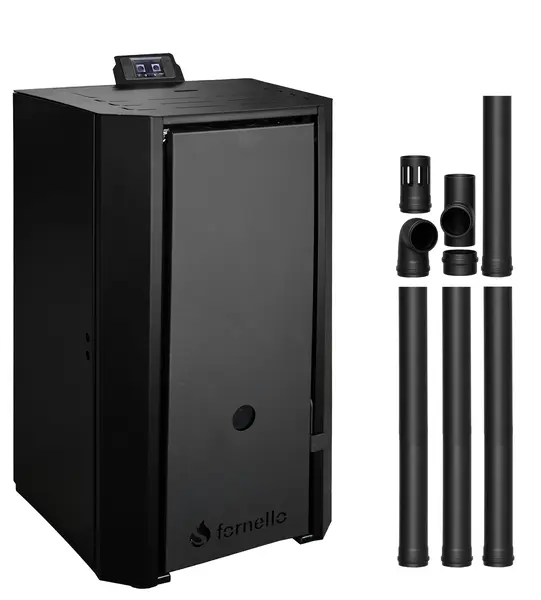 Pachet Centrala pe peleti Fornello EVA B Black 25 KW, pompa circulatie, vas expansiune, Grup siguranta, WI-FI, buncar, tiraj fortat, kit evacuare 3.5 ml, Clasa A++, recomandat pentru 160 mp, Negru