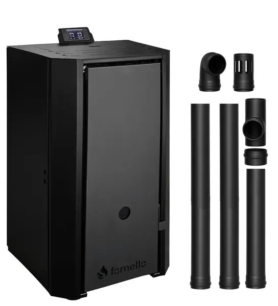 Pachet Centrala pe peleti Fornello EVA B Black 30 KW, pompa circulatie, vas expansiune, Grup siguranta, WI-FI, buncar, tiraj fortat, kit evacuare 2.5 ml, Clasa A++, recomandat pentru 200 mp, Negru