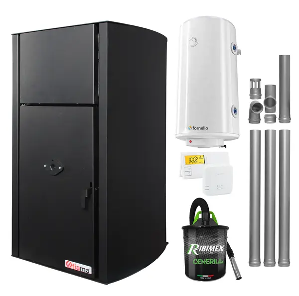 Pachet Centrala pe peleti Fornello Fiama Confort B 25 kw, complet echipata pentru incalzire, Pompa, Vas expansiune, Automatizare, Boiler 100 litri, Termostat Radio Comanda Salus 091FLRFV2, Aspirator Cenusa si Kit evacuare 3.5 ml
