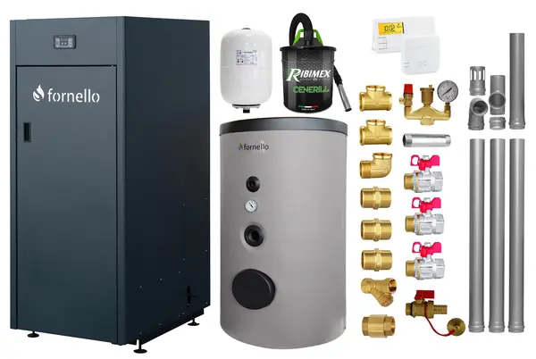 Pachet Centrala pe peleti Fornello King Plus 25 KW, boiler de sol, termostat, aspirator, kit evacuare, fitinguri, pompa de circulatie, vas de expansiune, supapa de siguranta, automatizare, rezervor pentru peleti 100 kg, creuzet din fonta, tiraj forta