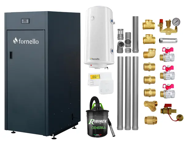 Pachet Centrala pe peleti Fornello King Plus 25 KW, boiler, termostat, aspirator, kit evacuare, fitinguri, pompa de circulatie, vas de expansiune, supapa de siguranta, automatizare, rezervor pentru peleti 100 kg, creuzet din fonta, tiraj fortat