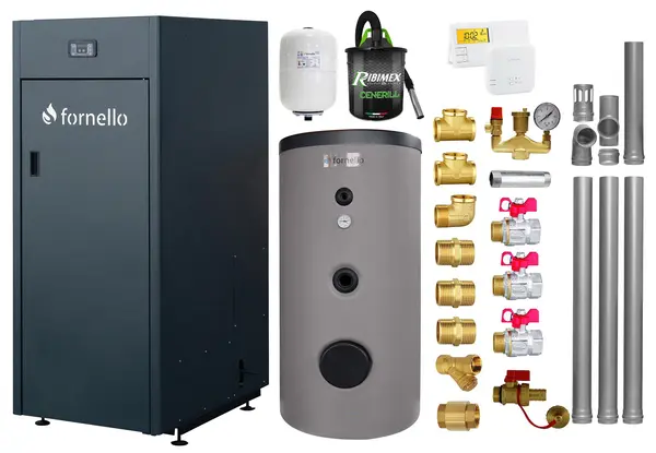 Pachet Centrala pe peleti Fornello King Plus 35 KW, boiler de sol, termostat, aspirator, kit evacuare, fitinguri, pompa de circulatie, vas de expansiune, supapa de siguranta, automatizare, rezervor pentru peleti 145 kg, creuzet din fonta, tiraj forta