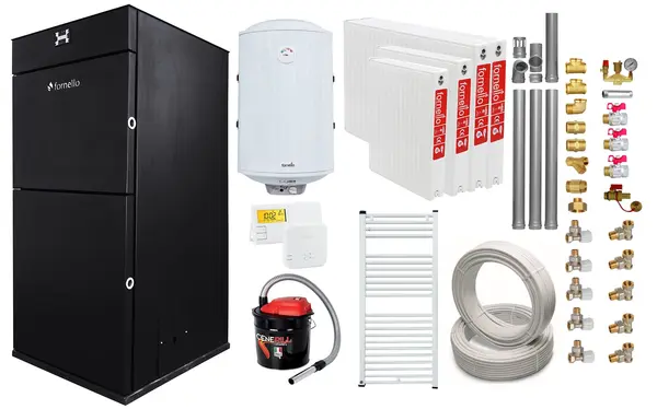Pachet Centrala peleti Fornello Pellet King 25 kw, complet echipata, pompa circulatie, teava hidronix, vas expansiune, automatizare, kit evacuare 3.5 ml, Boiler Termoelectric Fornello 100 l, Termostat Salus 091FLRFV2, Aspirator, Radiatoare